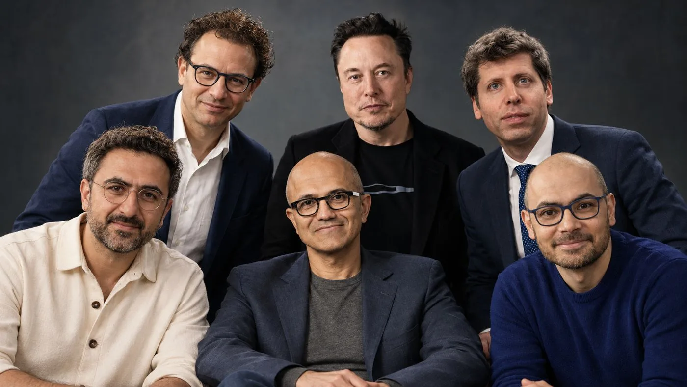 AI-generated illustration of six technology executives posed together against a dark studio backdrop.