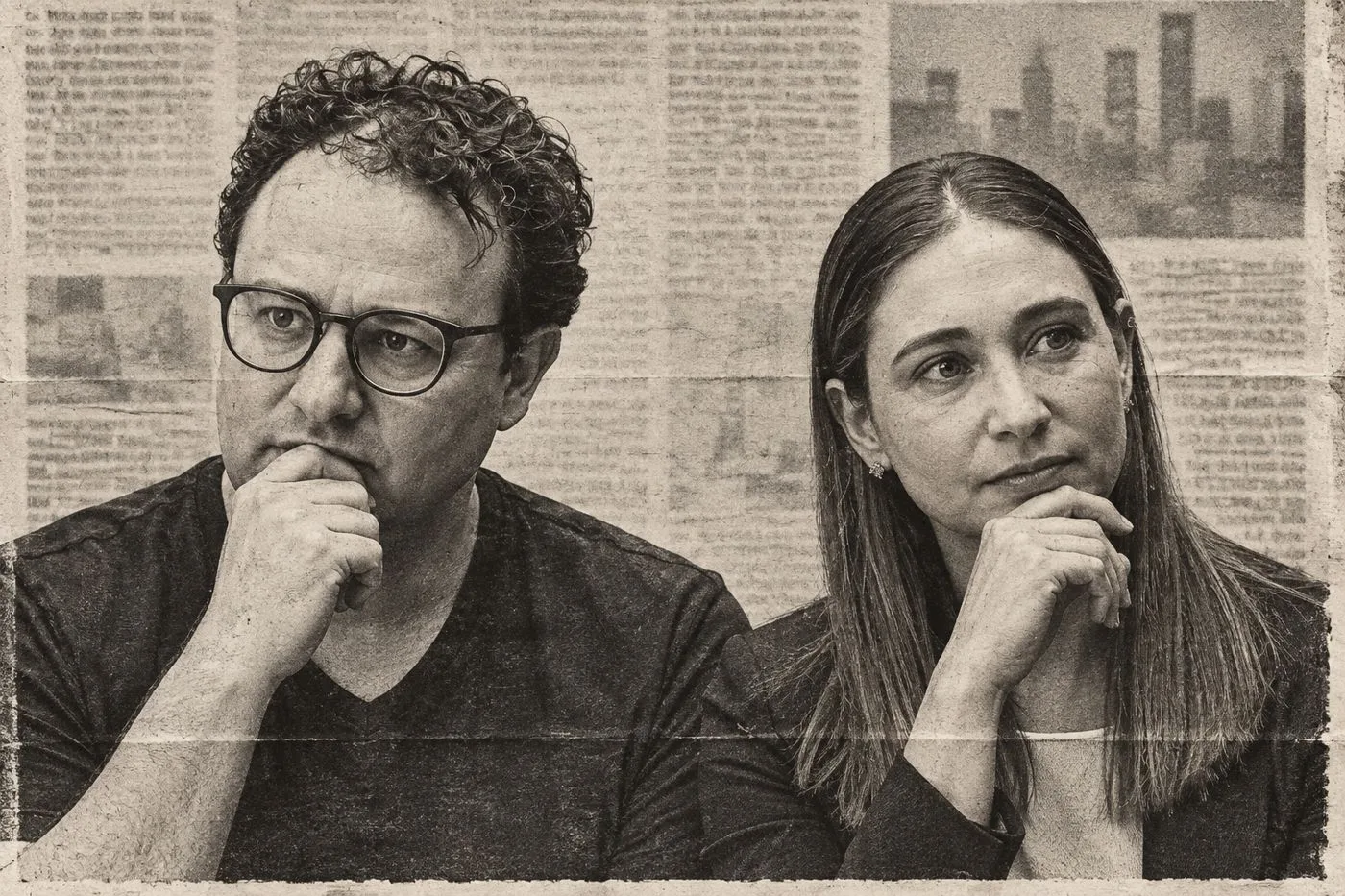 AI-generated illustration of two people in thoughtful poses against a sepia newspaper collage.